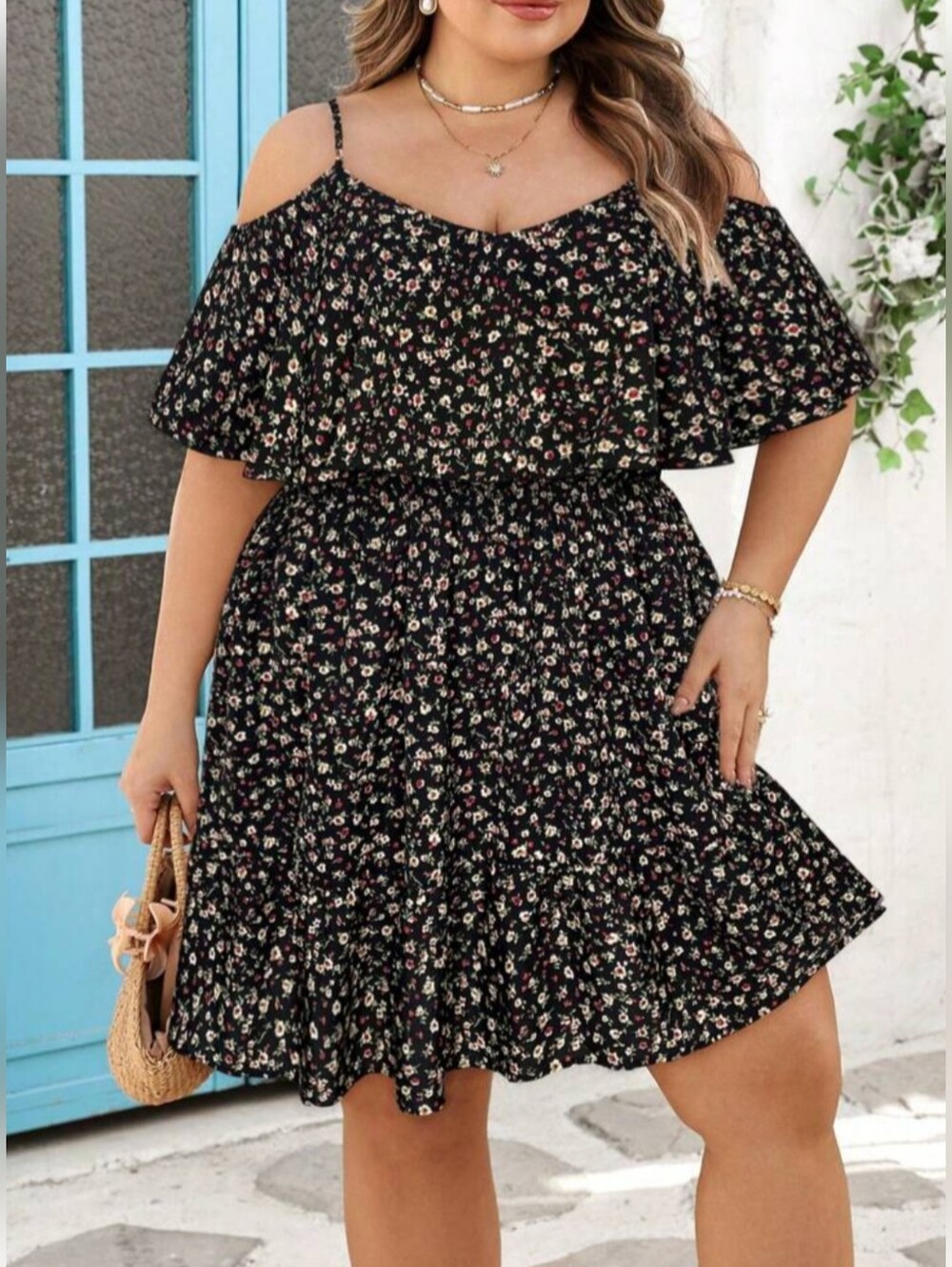 Amazon 4X Black Multi-Floral Cold-Shoulder Ruffle Mini Dress 3769-CW